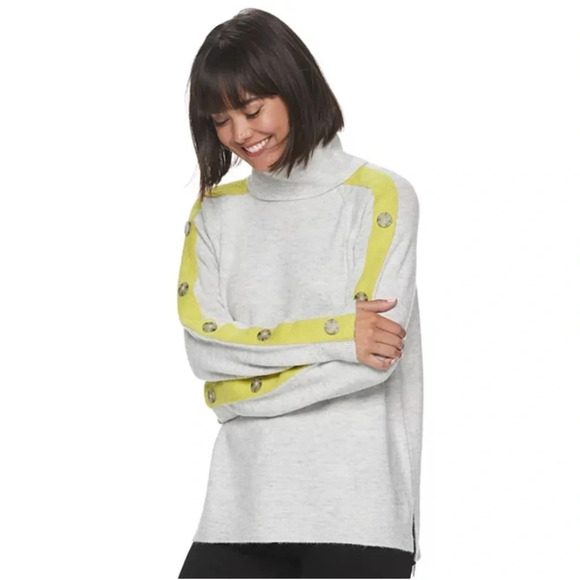Apt 9 Women's Turtleneck Sweater - Gray/Neon Yellow - Size XL - Button Detail - Picture 1 of 6